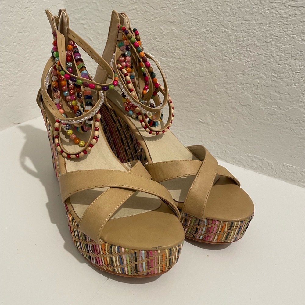 Colorful beaded ankle wedge sandals. 4 inch heel
